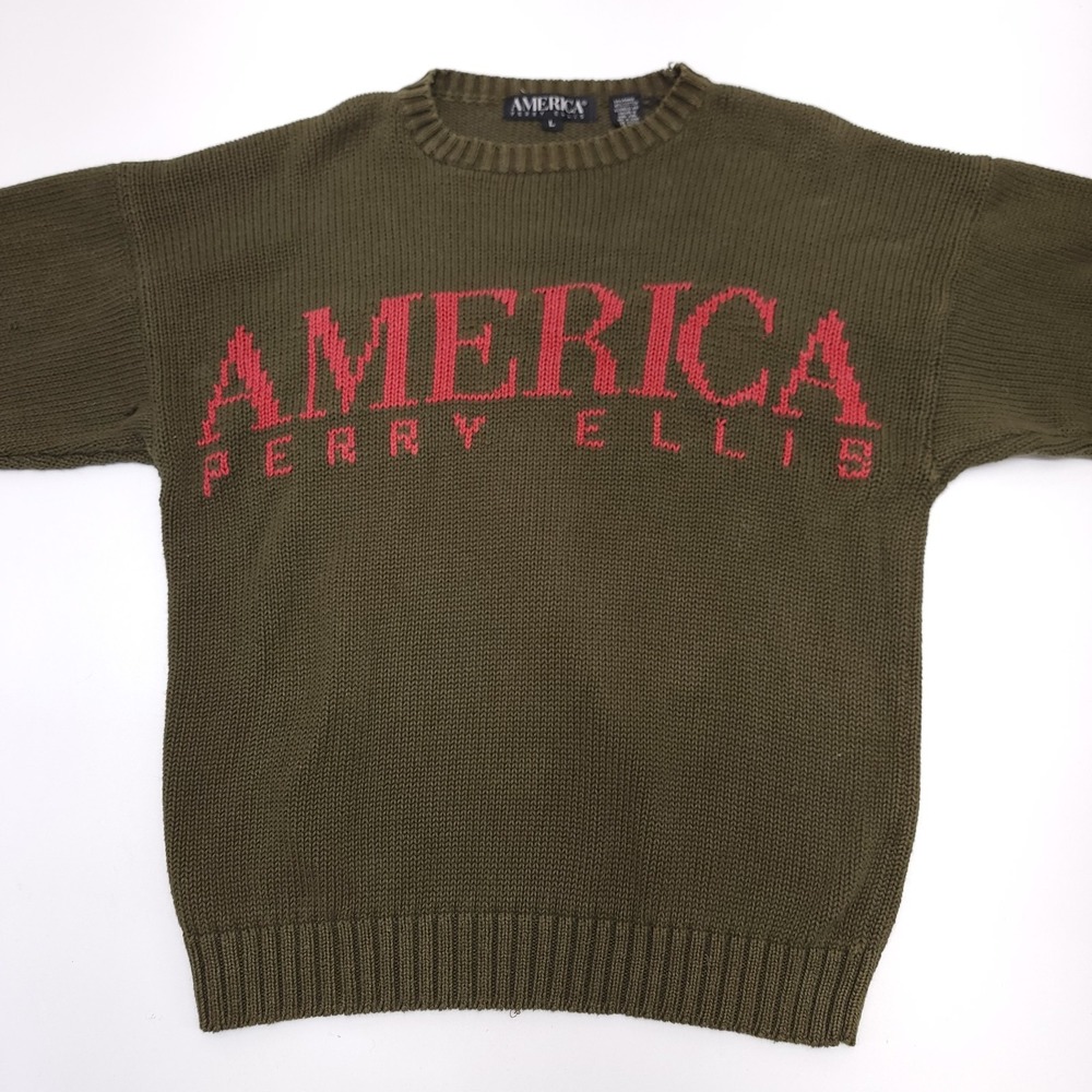 Perry Ellis America Vintage Men's Sz Large Green Crew Neck‎ Sweater 90s Y2K